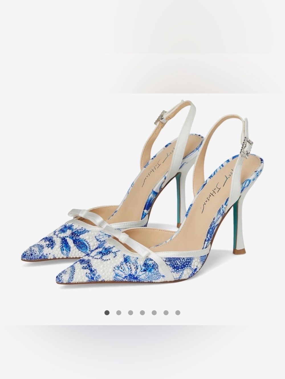 Betsey Johnson Rosa White and Blue Floral Pointed Slingback Heels